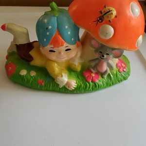 Vintage Ceramic Handpainted  Girl Cherub with Mouse Coin Bank 1971 B05